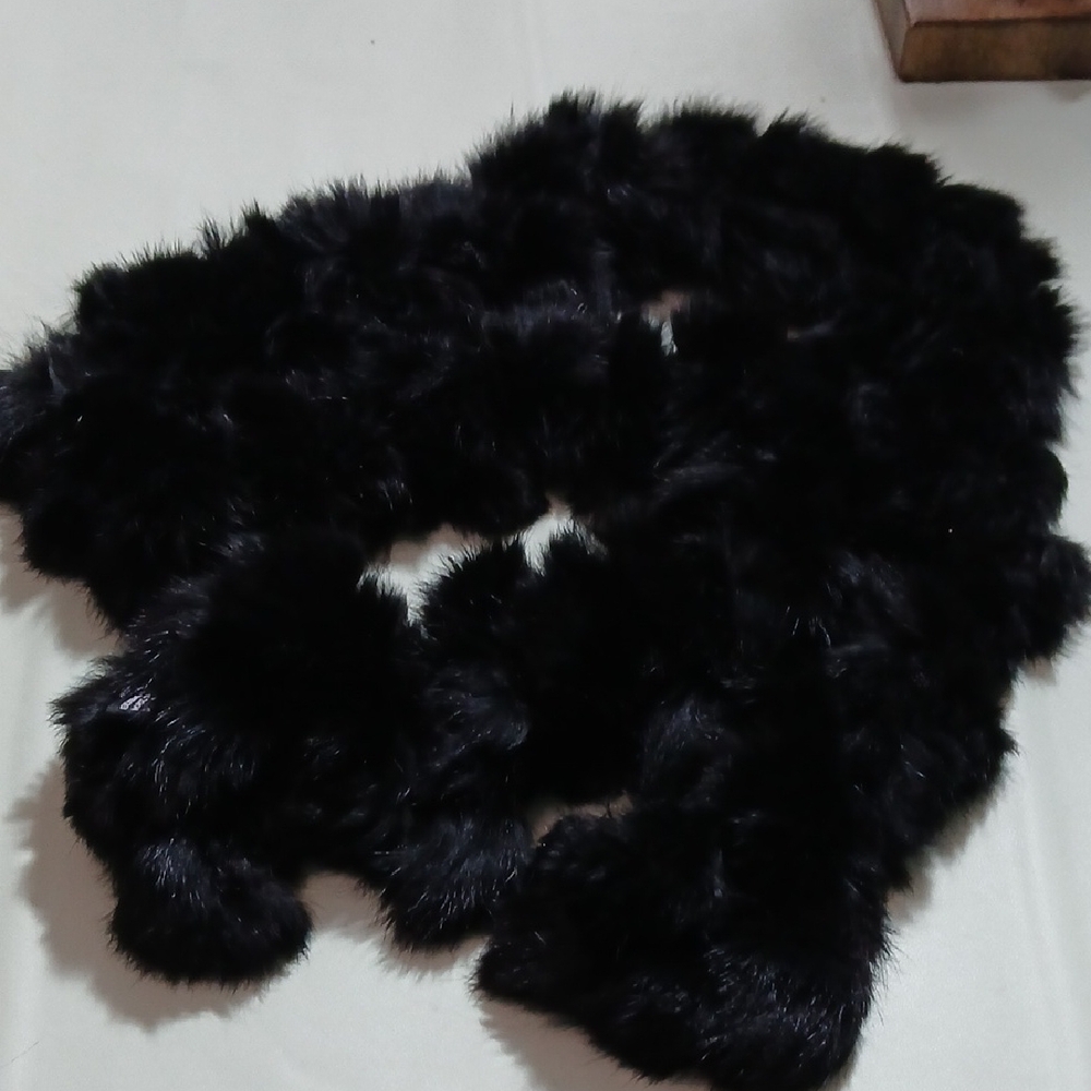 🖤 Cejon Black Real Rabbit Fur Puffball Scarf Luxe Glam Winter Wrap